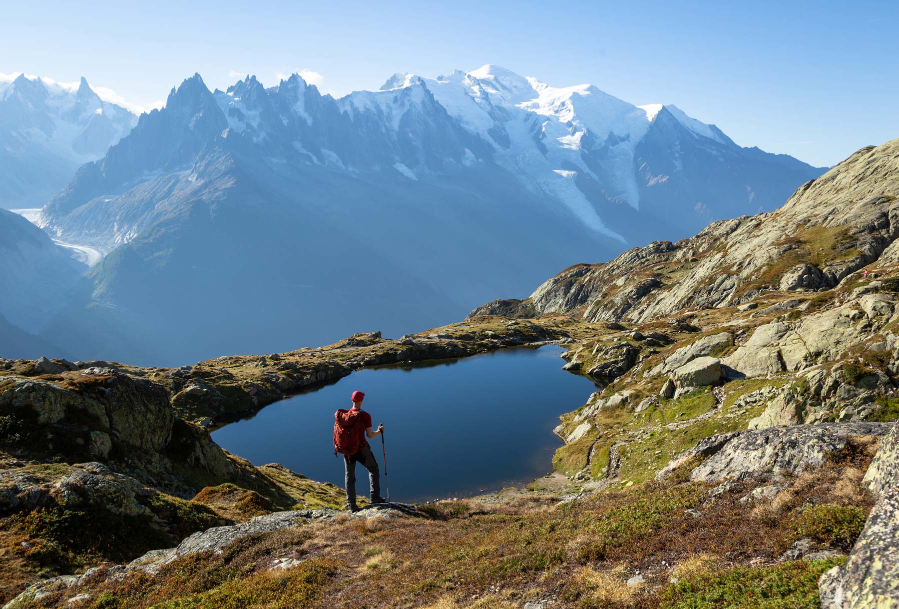 Hiker admiring Lac Chesery in Chamonix